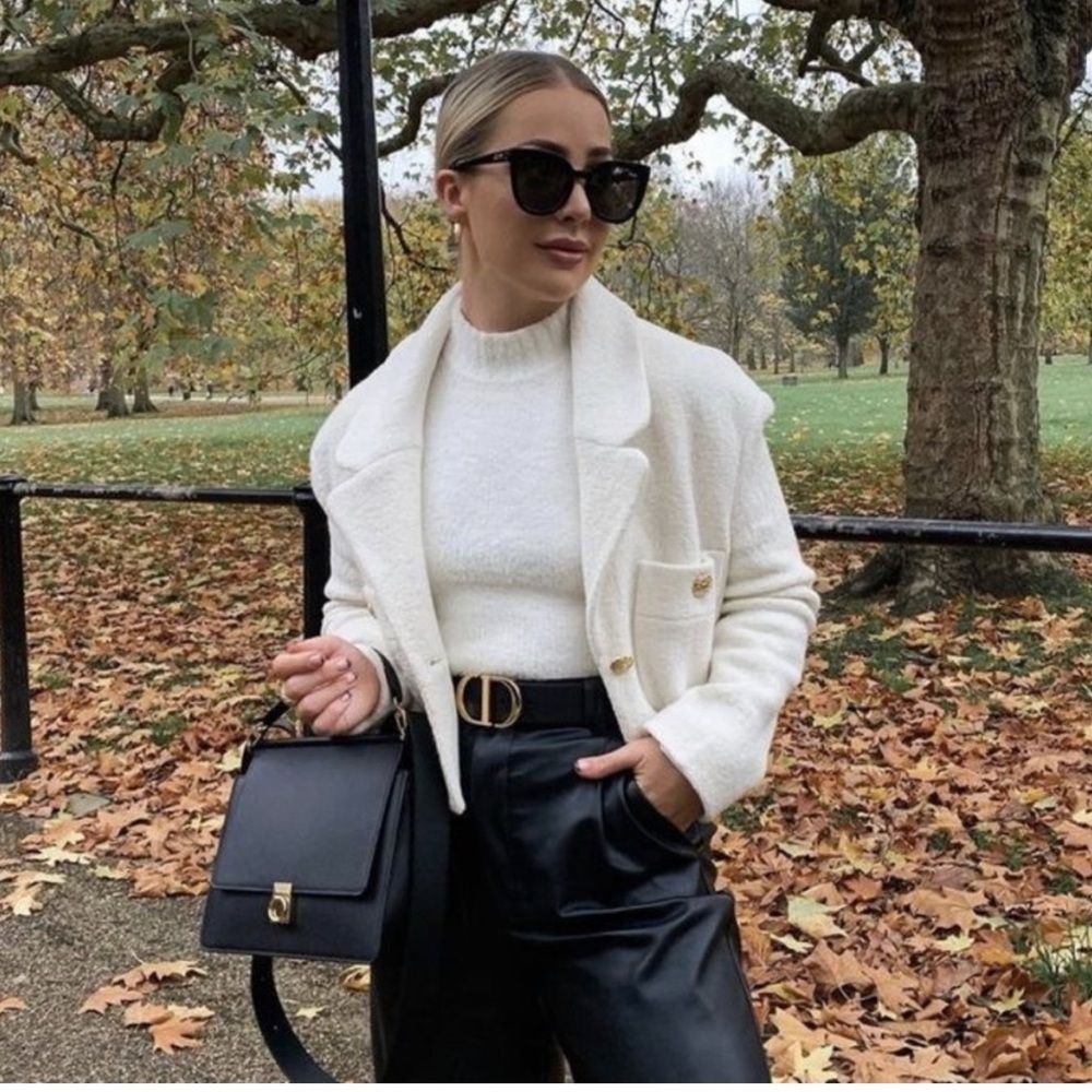 Zara White Gold Button Cropped Blazer Wool Blend Blogger Lined Jacket Quiet Lux